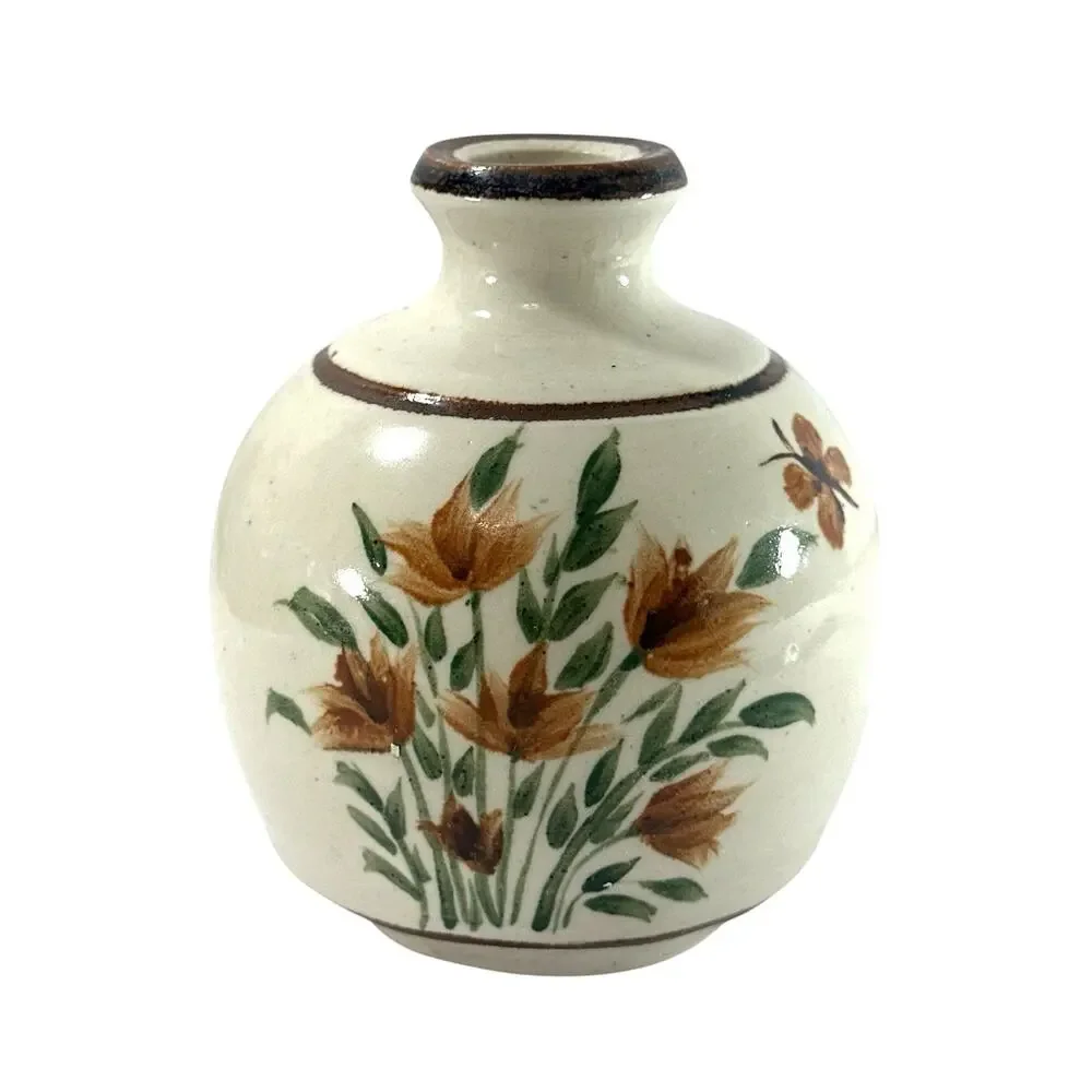 Vintage Hand Painted Stoneware Vase Floral Butterfly Folk Art Pottery 5” Heavy